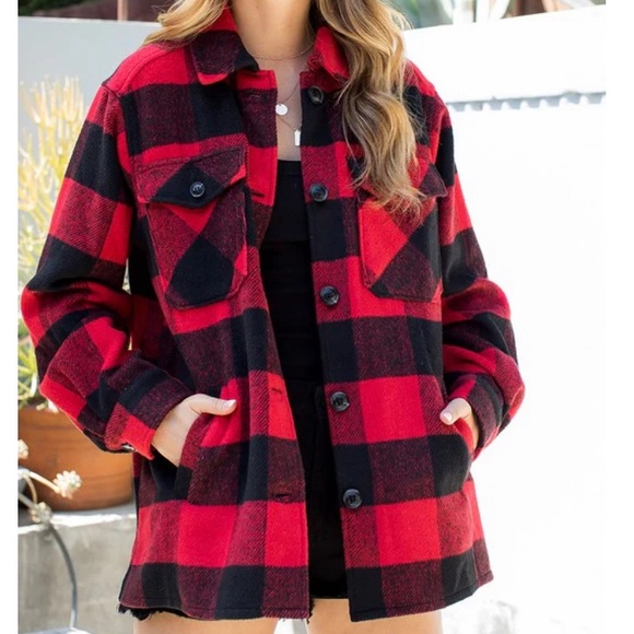 Sweet Lovely by Jen red black buffalo plaid l shacket coat Large - Picture 2 of 14